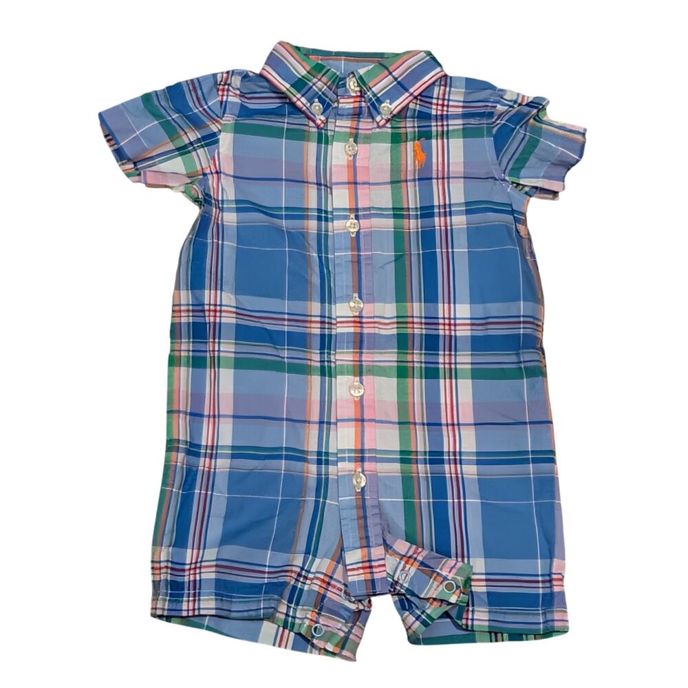 Polo Ralph Lauren Baby Boy 3M Madras Plaid Shortall Romper Pony